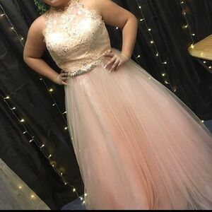 Elegant Peach Lace Evening Gown